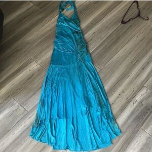 Marciano 90’s Elegant Teal Halter Ruched Twist Wrap Gown Dress Gown XS Mermaid